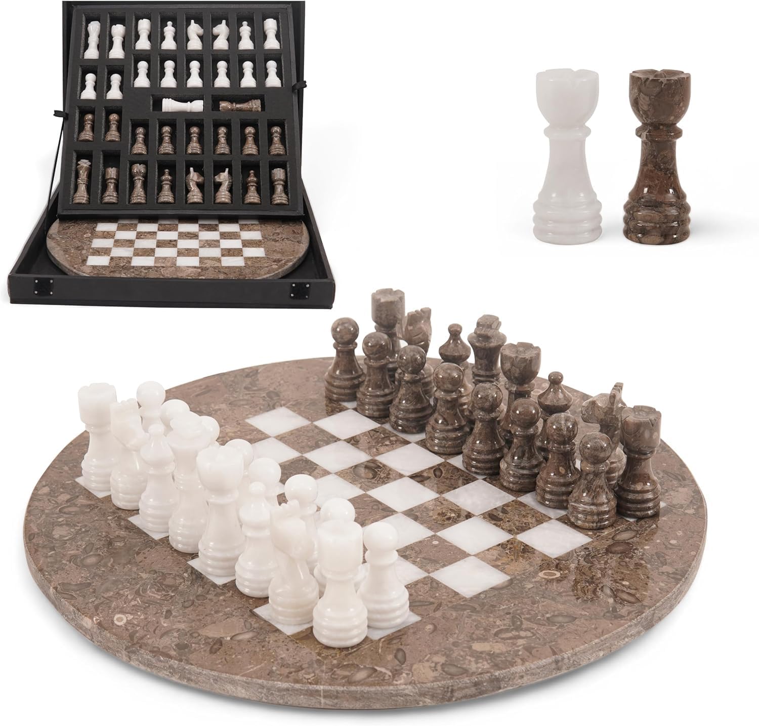Marble Chess Set for Adults with Complementary Storage Box, 15" Oceanic & White Handmade Board Game, Classic Board Games for Adults, Luxury Chess Set
