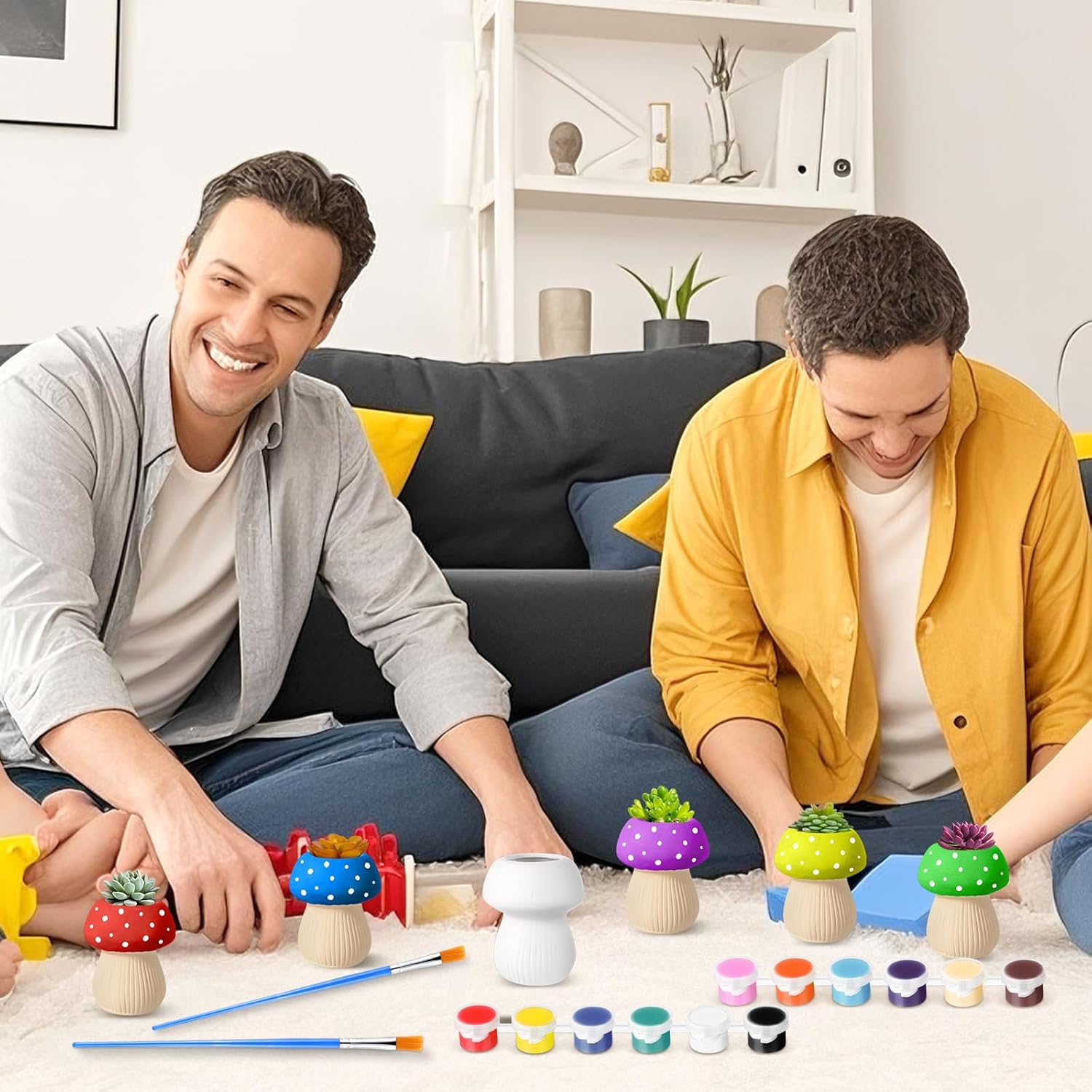 Pasimy 6 Set Ceramics to Paint DIY Ceramic Succulent Planter Pots Paint Your Own Flower Pots Craft Kit Unpainted Bisque Flowerpot with Brush Palette for Family Activity Holiday Gifts(Mushroom)