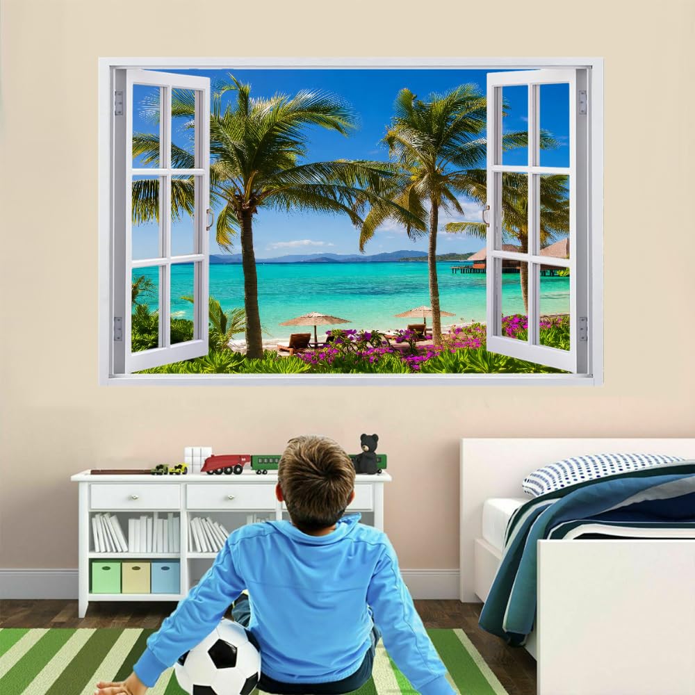 Wandbilder Wandtattoo 3D Palmen Wanddurchbruch Wandaufkleber Strand Naturlandschaft Fensterdeko Bilder Wanddeko Mädchen Aufkleber Selbstklebend Fenstersticker Wandsticker Kinderzimmer Deko