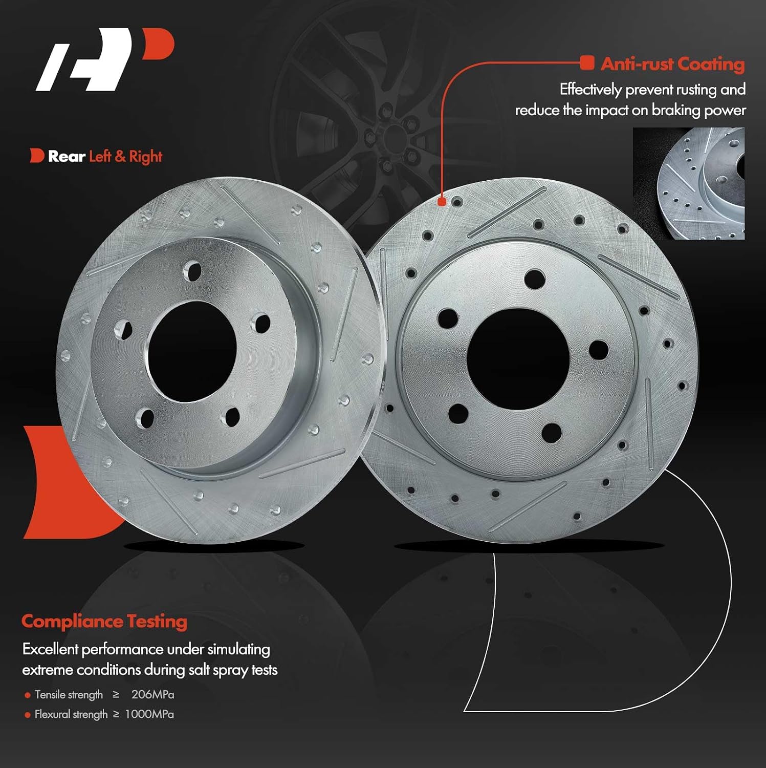 A-Premium 10.43 inch (265mm) Rear Drilled and Slotted Disc Brake Rotors Compatible with Select Mazda Models - 3 2004-2013 L4 2.0L, 2-PC Set