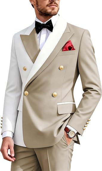 Mens Double Breasted Suit 2 Piece Slim Fit Tuxedo Suit for Wedding