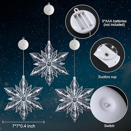 Miniatura 6 de Temporizador de 3 piezas de luces de Navidad para ventana, funciona con pilas, colgante de Navidad blanco iluminado en forma de copo de nieve LED