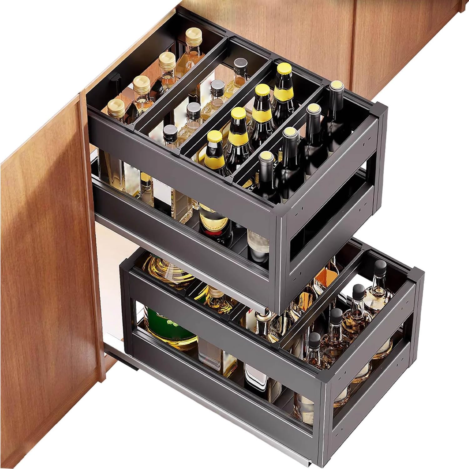 2 Pack Pull Out Cabinet Orga, Sliding Shelves with Dividers, Heavy Duty Slide Out Drawers Storage Shelf for Home, Kitchen, Bathroom, Pa，470x20，470x205mm-350mm Cabinet