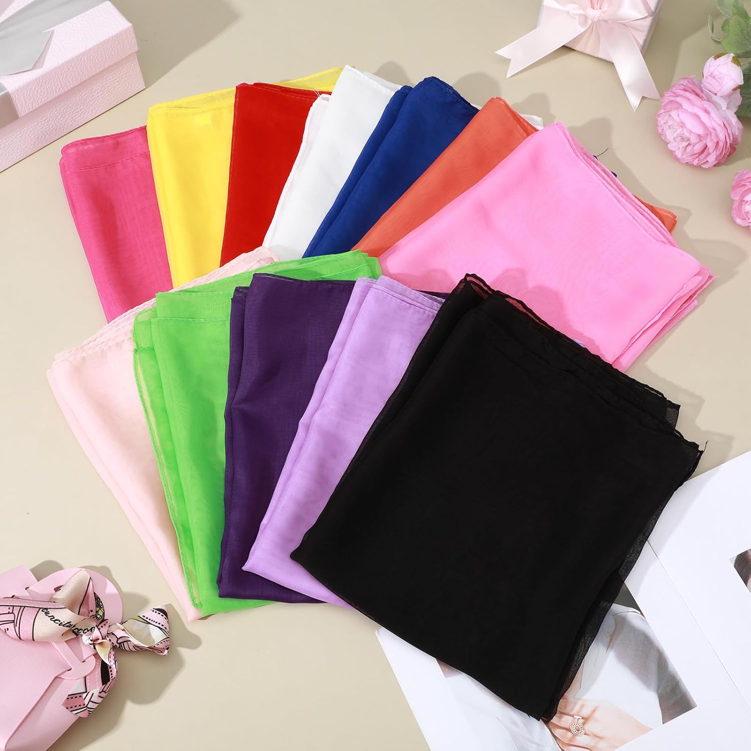 MAQUITA 12 Pieces Solid Color Chiffon Scarf for Women Fashion Soft Breathable Silk Lightweight Accent Scarfs, 12 Colors - Image 6