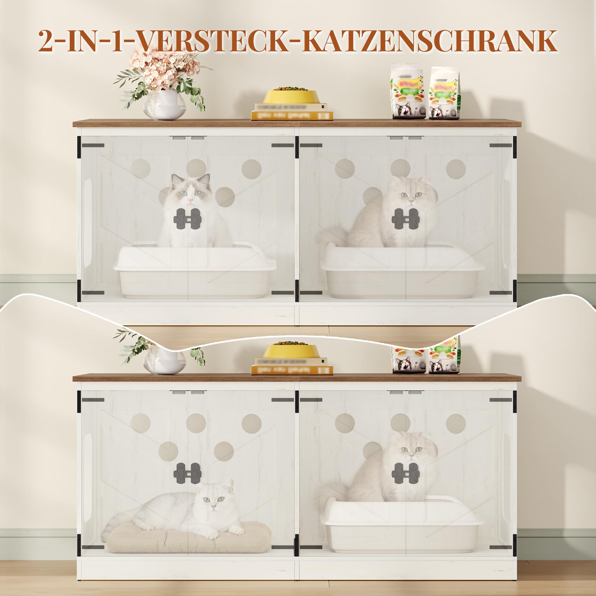 Hzuaneri Katzenschrank für 2 Katzen, 120 cm Katzenklo Schrank, Braun-Weiß | Katzentoilette Schrank Versteckt, Bauernhausstil, Katzenhaus für den Innenbereich Fernsehschrank, 120 x 50 x 54 cm, 840214X