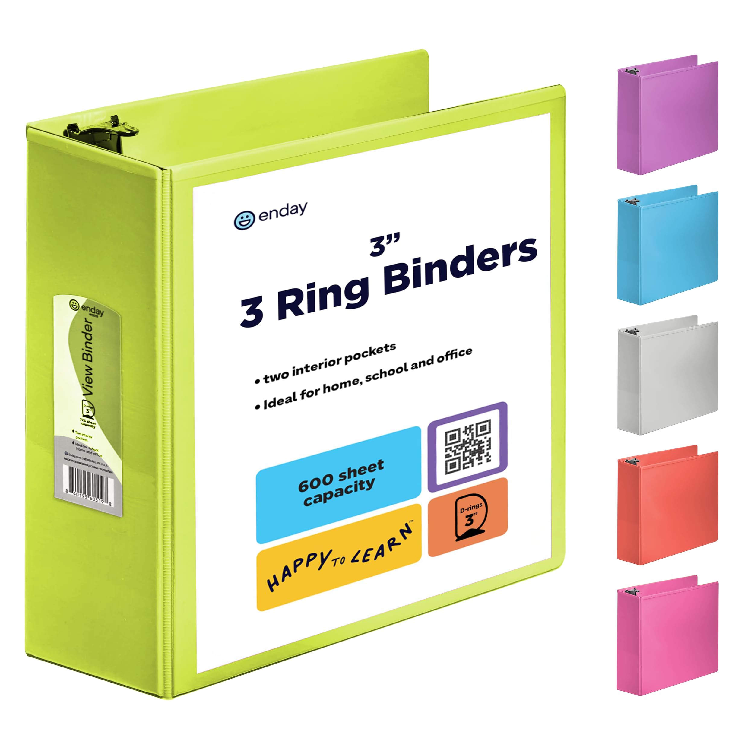 3 Inch Binder 3 Ring Binders Green, Slant D-Ring 3” Clear View Cover with 2 Inside Pockets, Heavy Duty Colored School Supplies Office and Home Binders