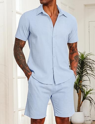 Miniatura 2 de COOFANDY Men's 2 Pieces Cotton Linen Set Short Sleeve Button Down Shirts Summer Beach Shorts Casual Outfits
