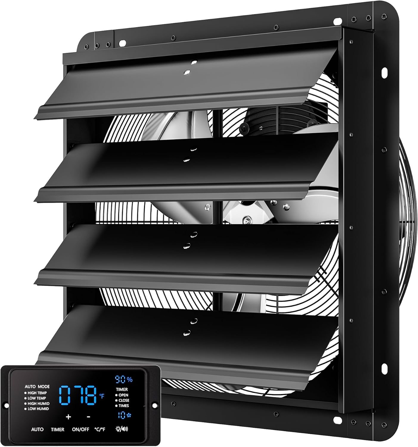 14 Inch EC Motor Shutter Exhaust Fan, 6 Inch Large Touchscreen Controller for Temp Humidity and Speed Control, 10-Speed Wall Mount Fan for Attic, Greenhouse, Garage, Chicken Coop Ventilation