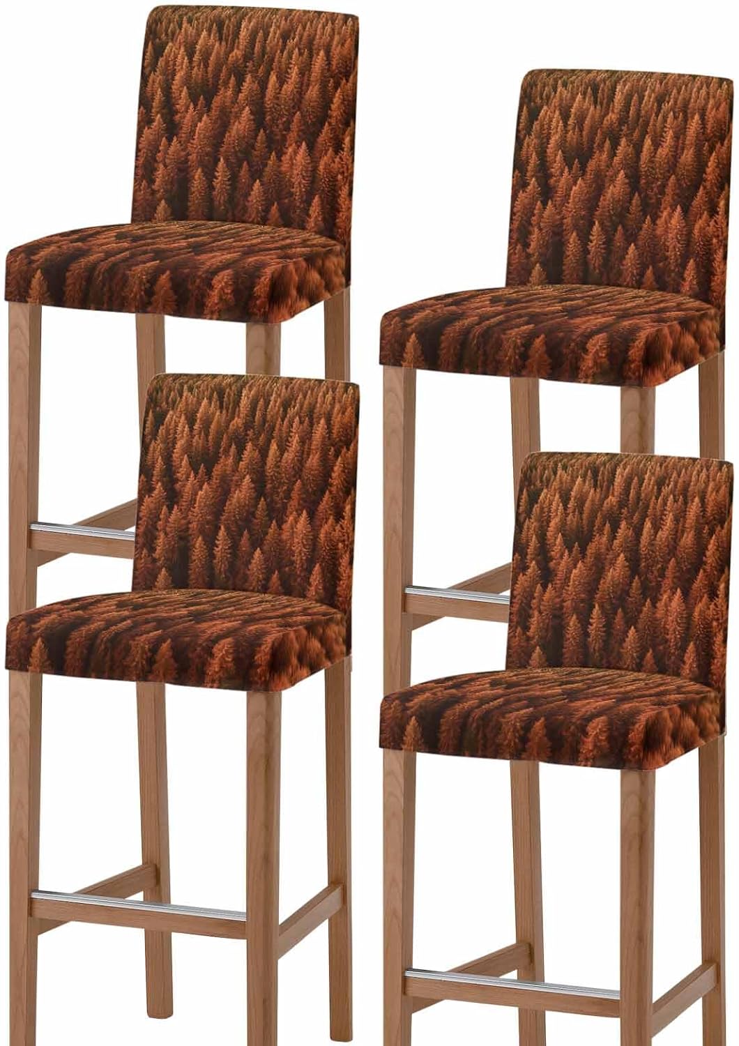 Bar Chair Stool Covers Set of 4, Burnt Orange Forest Stretch Washable Removable Bar High Chair Cover, Pine Trees Modern Mysterious Art Elastic Bar Chair Protector for Kitchen/Restaurant