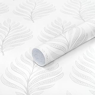 GloryTik Peel and Stick Wallpaper Boho White/Grey Floral Contact Paper Modern Removable Self Adhesive Wall Paper Leaf Waterproof Wallpaper for Cabinets Bedroom Vinyl Rolls (17.3" x 78.7")