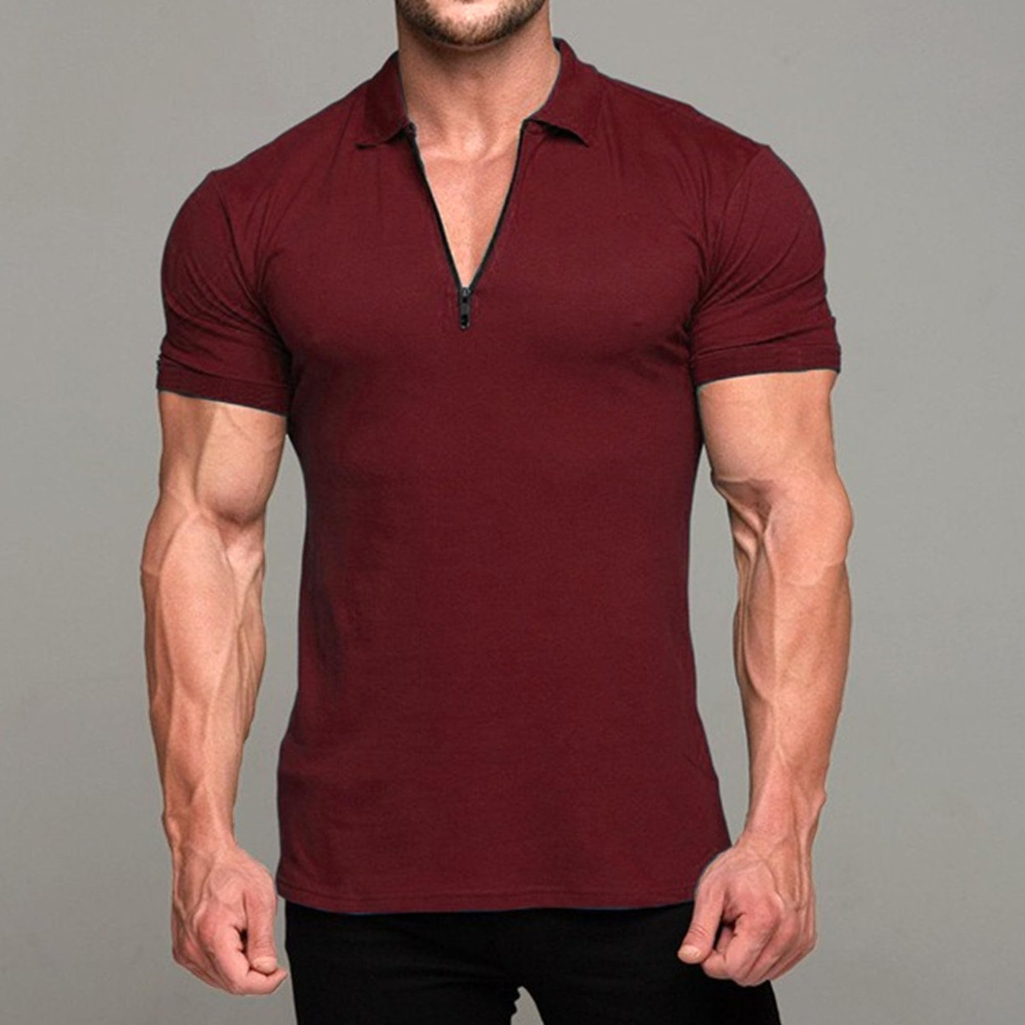 Men Trendy Slim Fitness Polo Shirt Suit Collar Quarter Zipper T Shirts Summer Classic Comfortable Jogging Pullover (Wine Red,Medium)