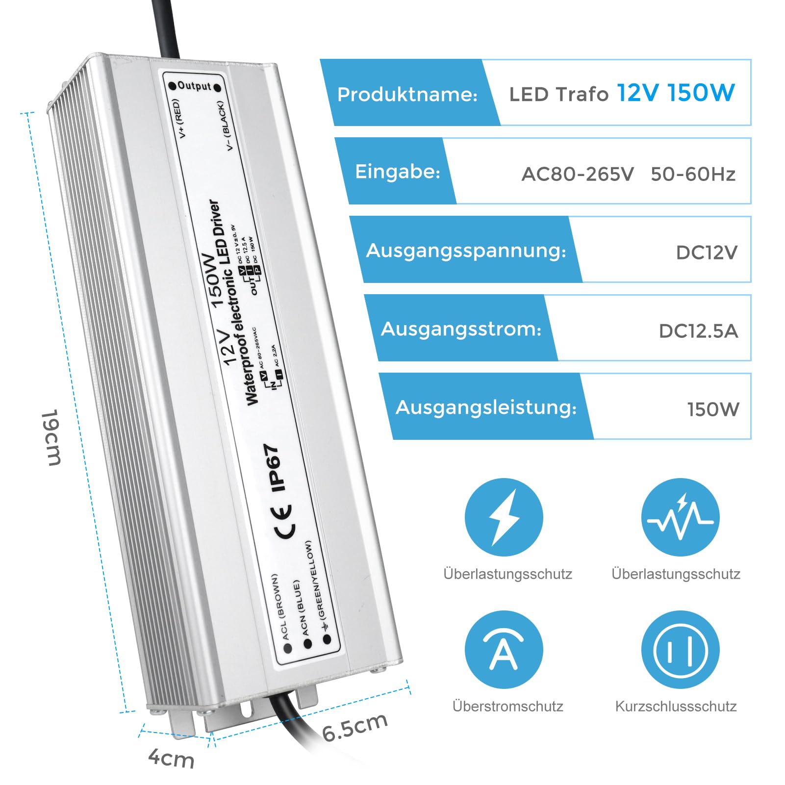 LightingWill LED Trafo 12V 150W IP67, Outdoor Wasserdicht Transformator mit Stecker, Netzteil für LED Streifen Lampen Strahler Lichtbänder