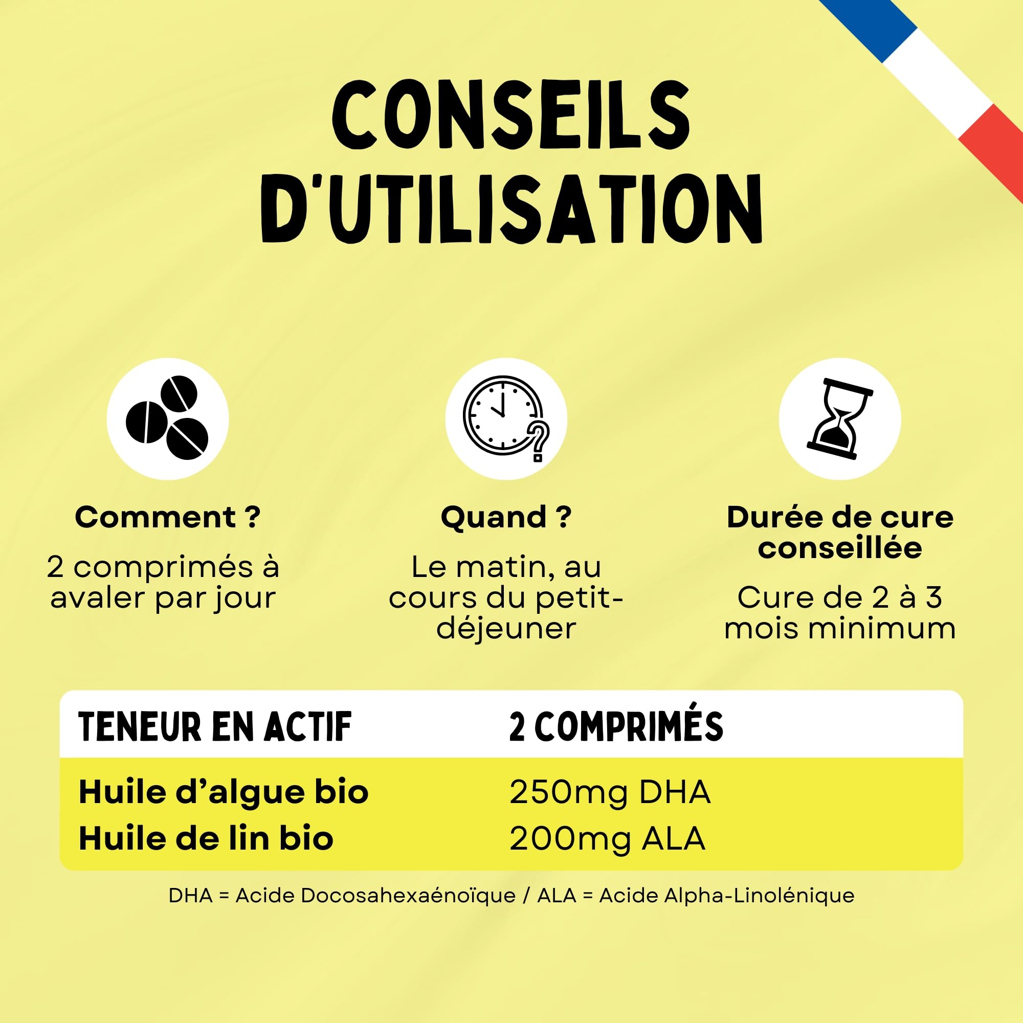 Oméga 3 Vegan & Bio - 250 mg DHA + 200 mg ALA - Microalgue & Huile de Lin Française - Cerveau & Vision - 1er DHA Certifié Bio - Fabrication Française - Cure 1 Mois (60 Gélules)