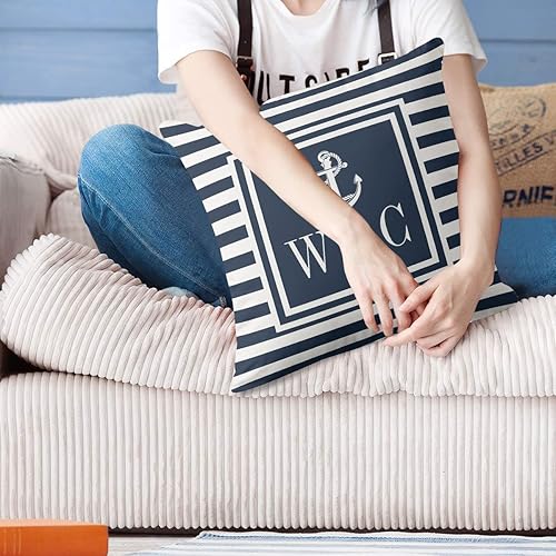 Miniatura 5 de Fundas de almohada decorativas con monograma de anclaje náutico a rayas azul marino, fundas de almohada suaves de 18 x 18 pulgadas, decoración