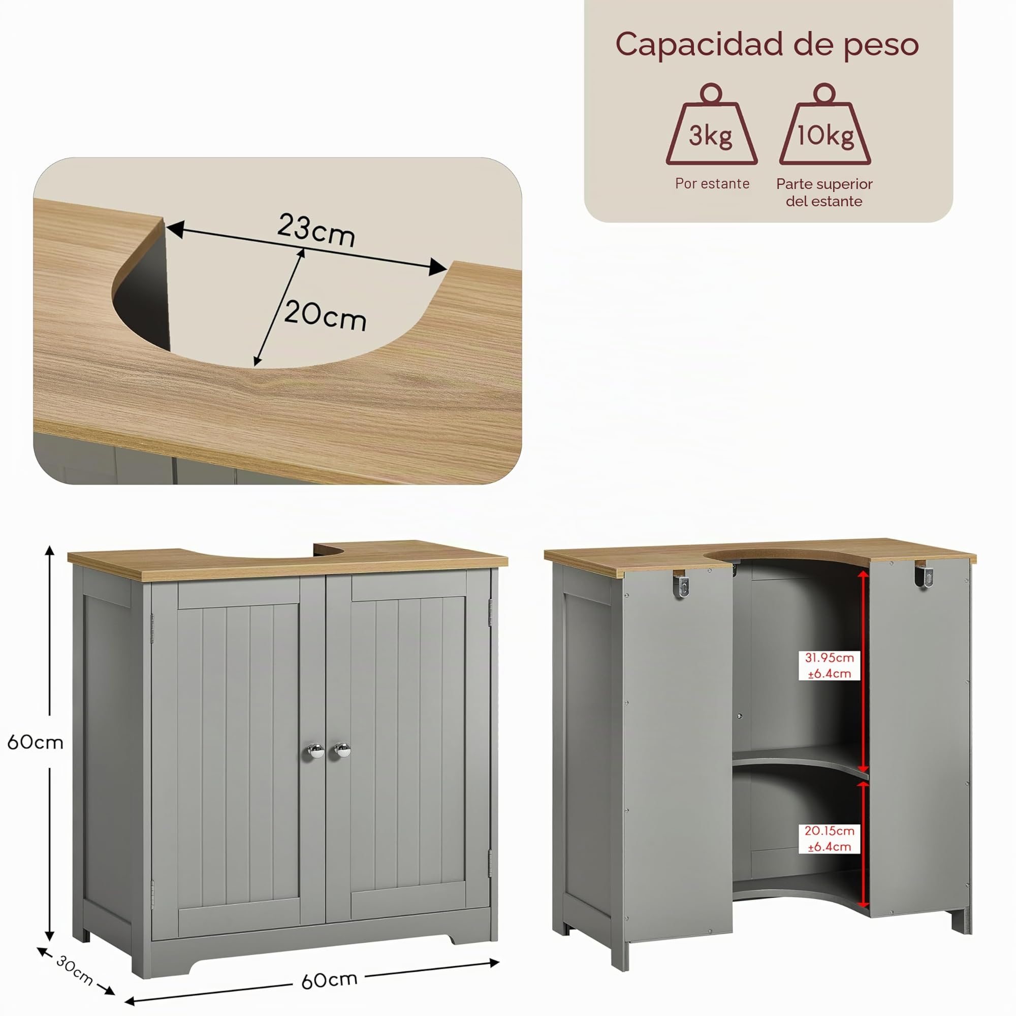 Bath Vida Priano - Armario de Almacenamiento para Debajo del Fregadero, Color Gris y Roble