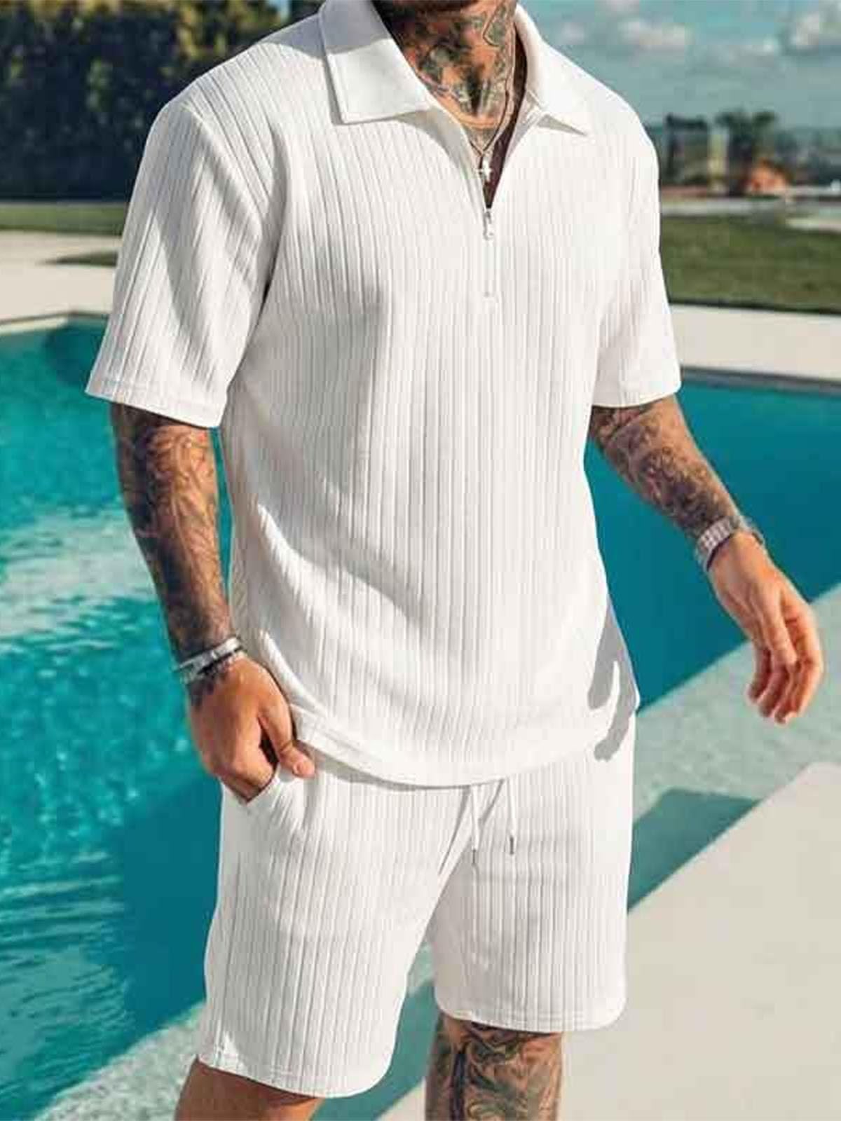 Conjunto Verano Hombre 2 Piezas Cremallera Camiseta y Pantalones Cortos Chándal con Bolsillos