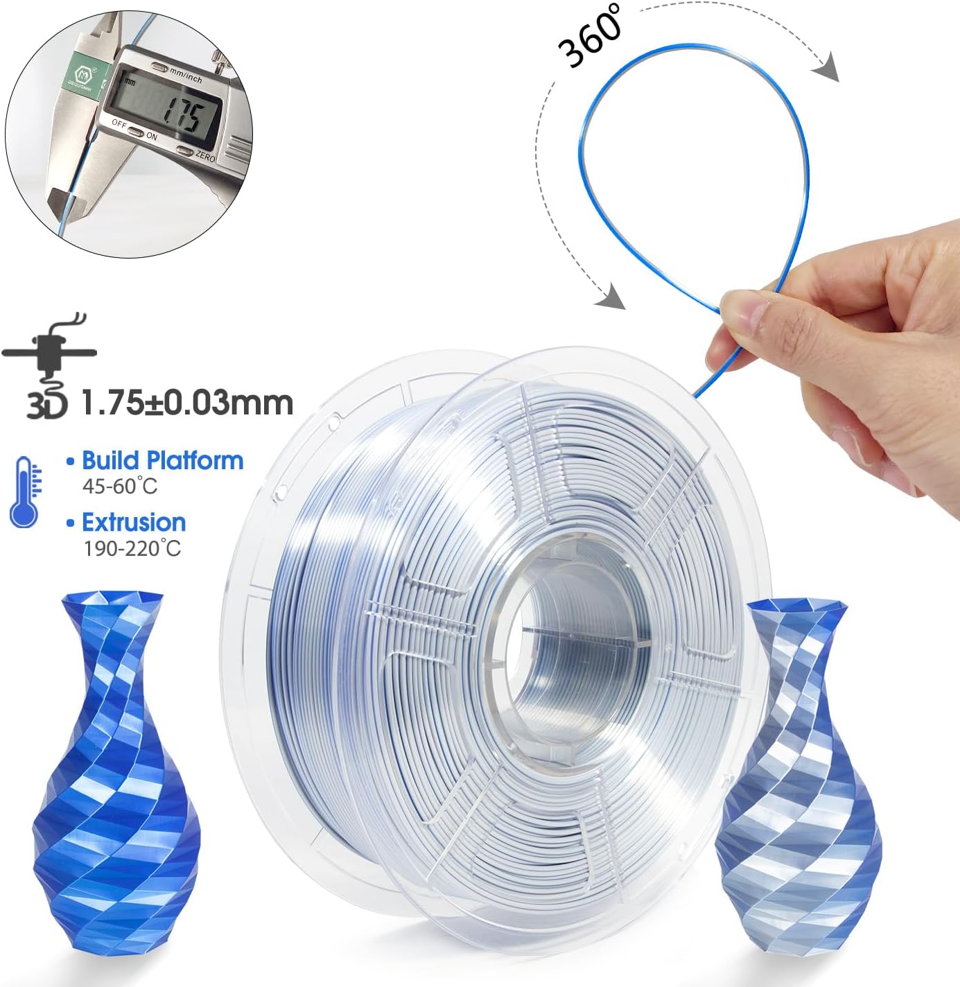 iSANMATE PLA 3D Printer Filament, PLA Filament 1.75mm Dual Color Silk PLA, Silk Blue Silver 3D Printing Filament,1 kg Spool - Image 4