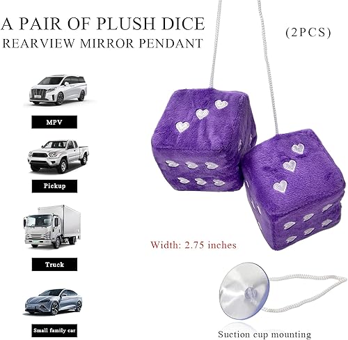 Miniatura 2 de 2 dados de felpa mullidos para espejo retrovisor de automóvil, 3 pulgadas, cuadrados, retro, en forma de corazón, adorno para colgar, accesorios