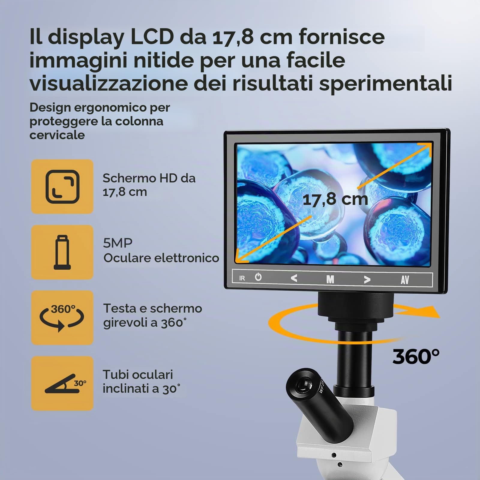 [Versione con sangue] Microscopio Vabiooth Dual-View 40X-2500X, LCD 7", E-oculare 5MP, palco regolabile, custodia alluminio per osservare sangue vivo.
