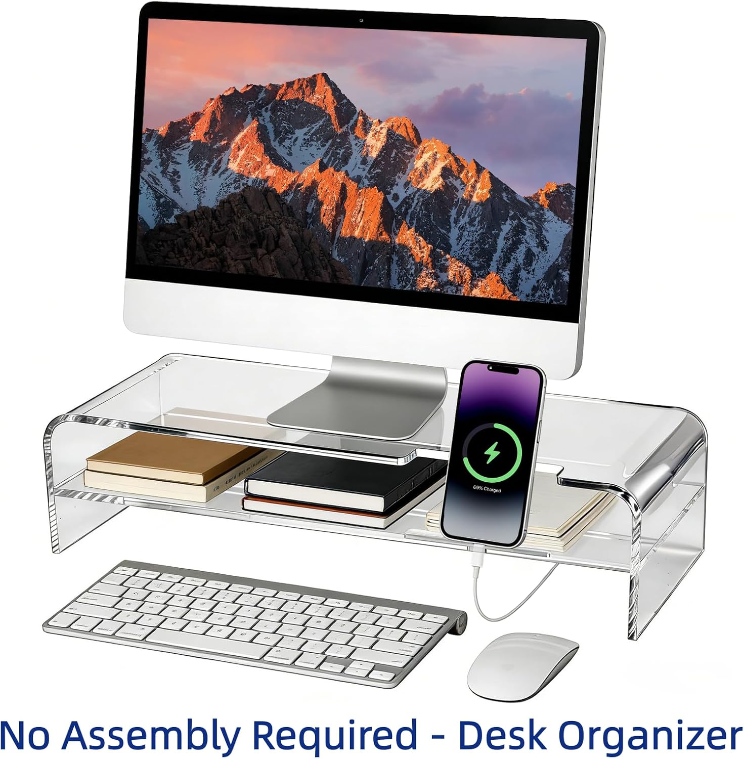 Acrylic Monitor Stand - 16/20 inch 2 Tier Riser for iMac, PC, Desktop, Laptop, TV with Storage Shelf, Home Office Desk Organizer (20in with phone holder)