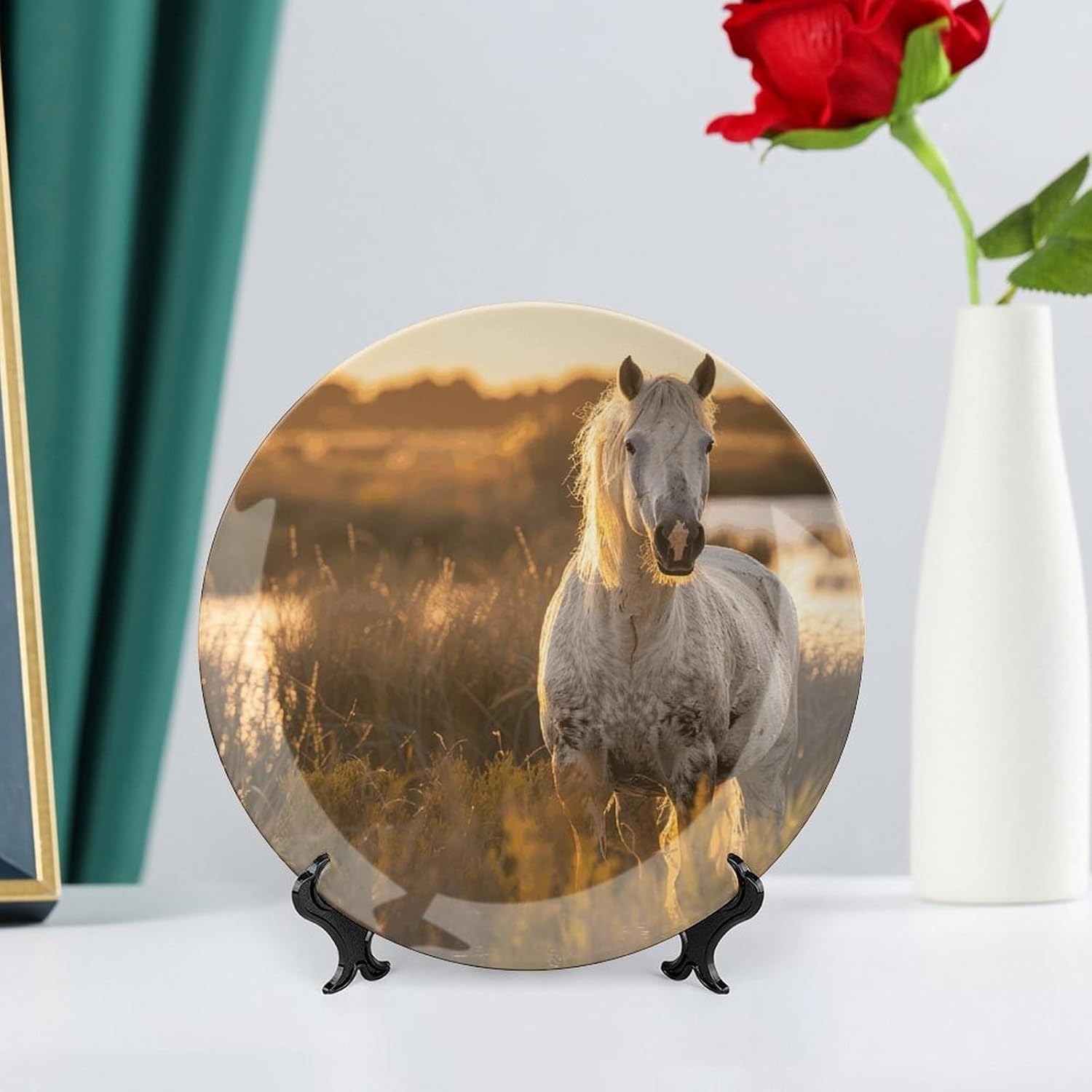 Real Horse Photos Bone China Decorative Plate with Display Stand, Ceramic Ornaments Plate for Wall Hanging, Personalized Porcelain Plates for Office, Living Room 8inch