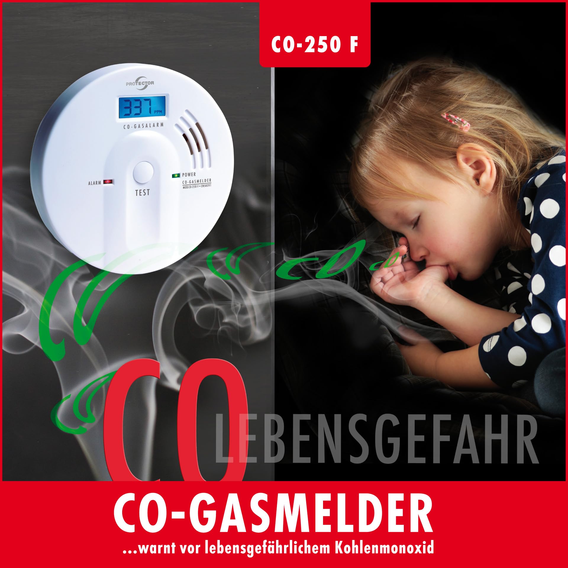 Protector CO-Melder CO-250 F mit beleuchtetem Display, nach Norm EN 50291