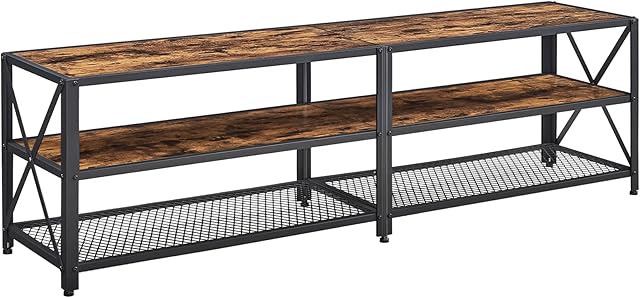 VASAGLE TV Stand, TV Table for TV up to 75 Inches, with Shelves, Steel Frame, Living Room, Bedroom Furniture, Rustic Brown and Black LTV096B01