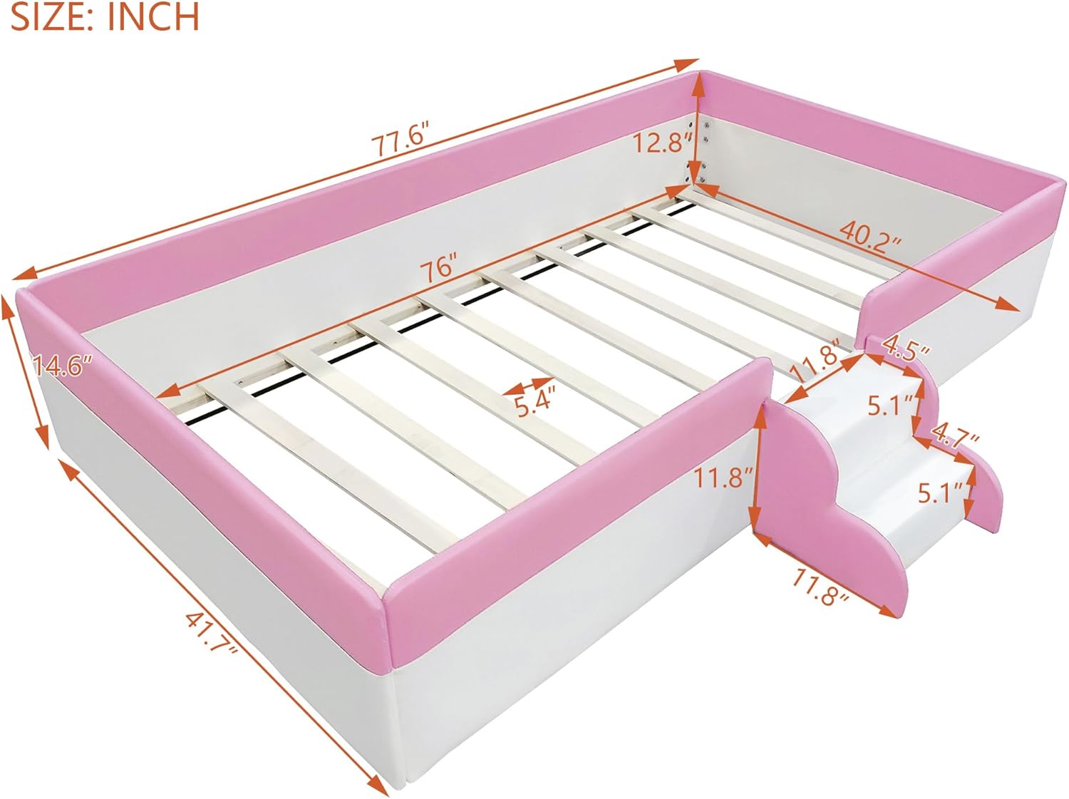 Merax Twin Size Kids Floor Bed, Upholstered Kids Daybed Frame with Fence and Stairs, Wood Bed for Living Room, White+Pink