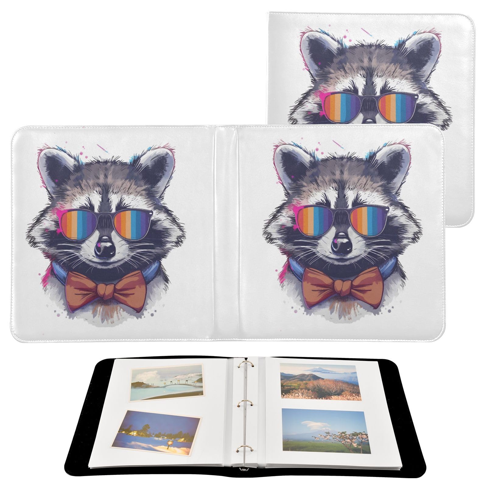 JIPONI Cute Raccoon Head Large Photo Album, DIY Leather Cover Scrapbook Albums for 4x6 5x7 6x8 Pictures, Self Adhesive Memory Book for Wedding, Baby, Family