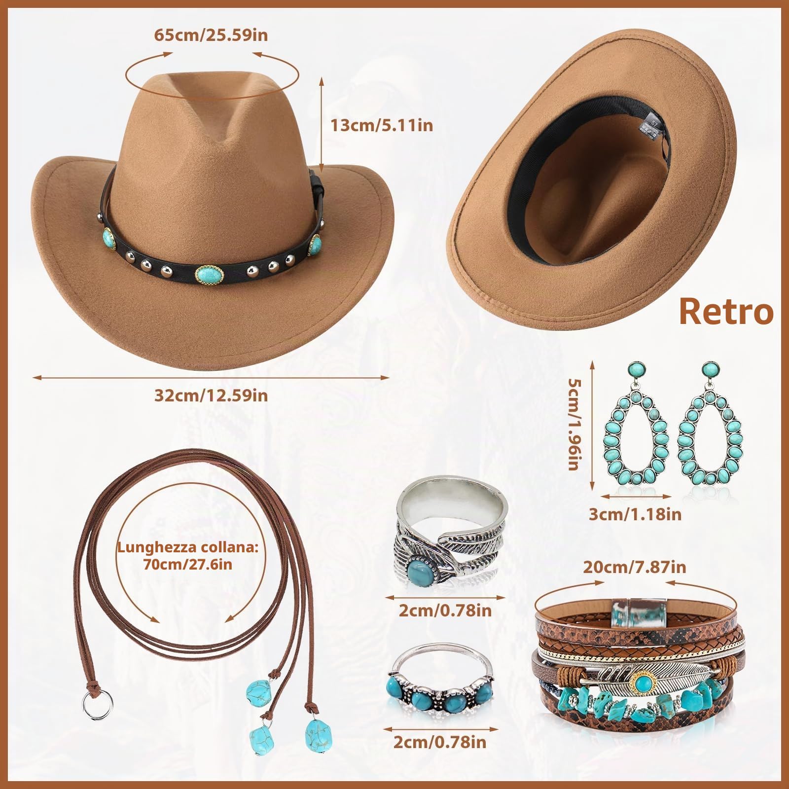 Set di 7 accessori per costume da cowgirl occidentale da donna, con gilet in nappa, cappello da cowgirl, orecchini, anelli, bracciali per carnevale, Halloween, cosplay