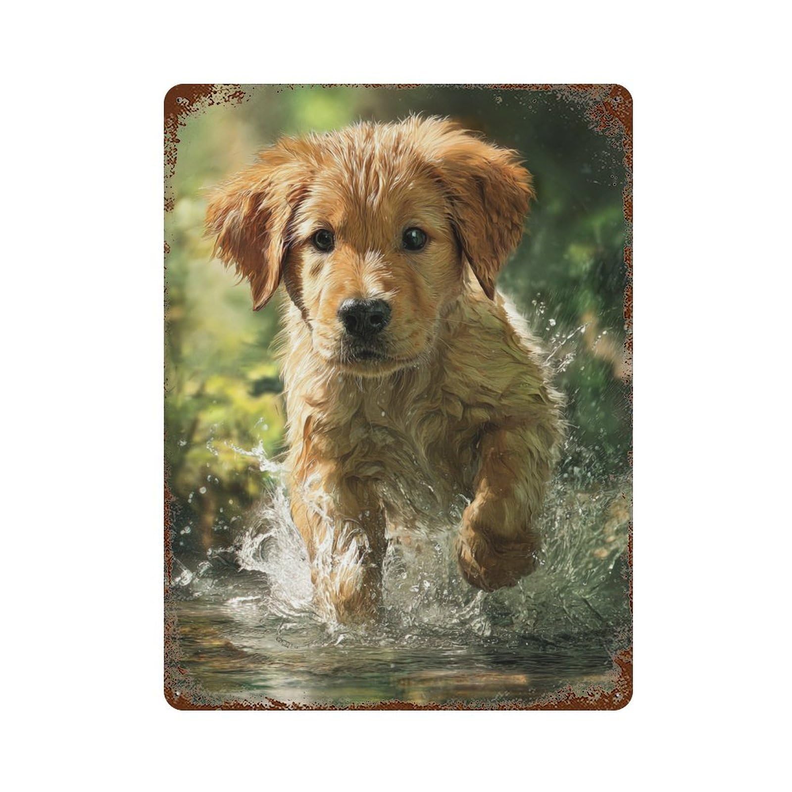 Golden Retriever Pup Running Through Water Rust Effect Tin Sign 15.7"x11.8", Vintage Wall Decor for Bistro, Counter And Cafe Decor