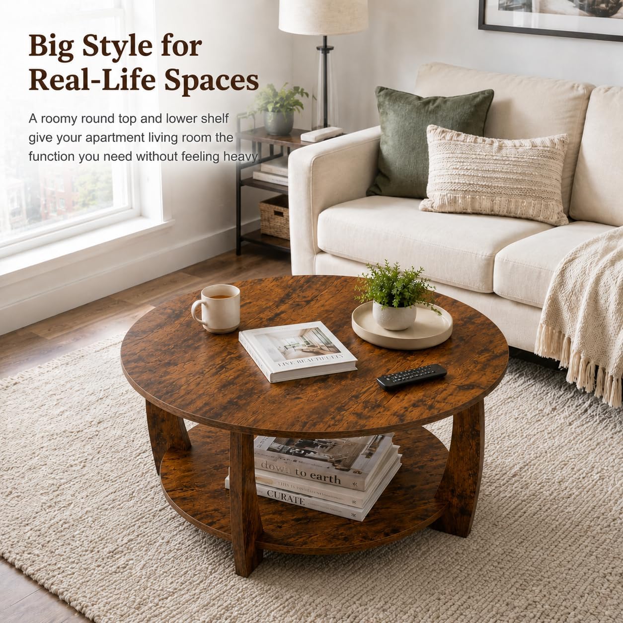 Farmhouse Round Coffee Table, 2-Tier Living Room Table with Storage Shelf