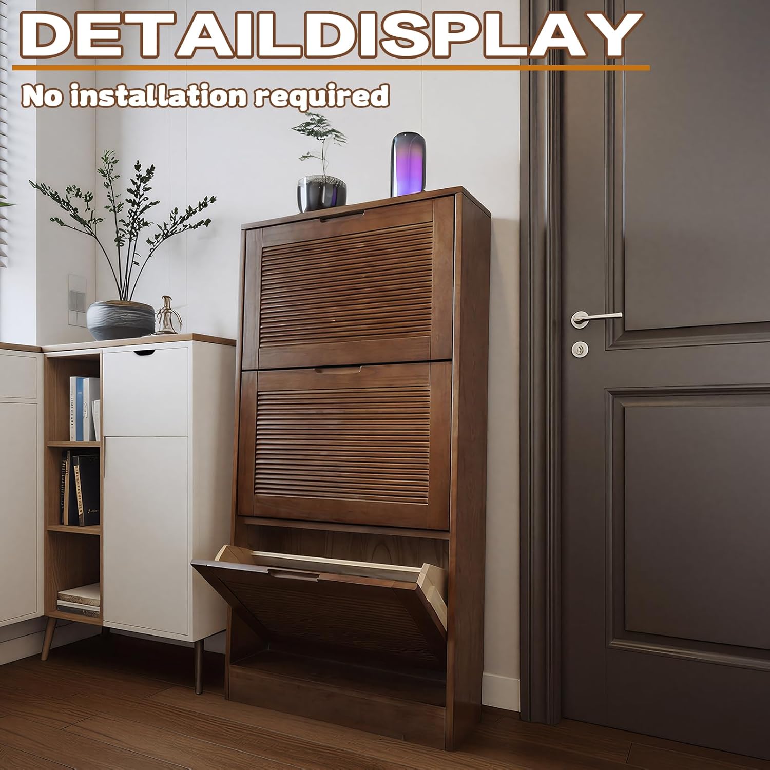 Solid Shoe Storage Cabinet with 3 Flip Drawers, Narrow Wood Shoe Organizer Cabinet with Fluted Panel, Slim Shoe Rack for Entryway, Freestanding Shoe Cabinet for Entryway Hallway Foyer ，Walnut