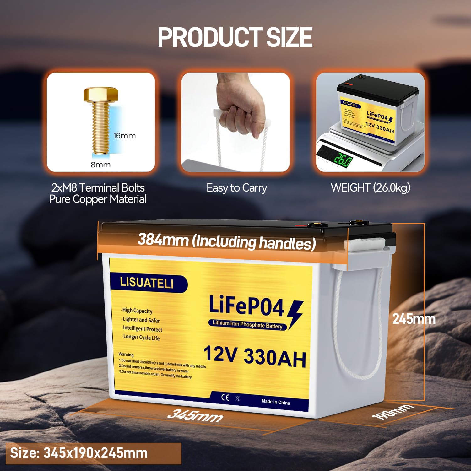 Mini batteria LiFePO4 12V 330Ah, batteria al litio a ciclo profondo con Bluetooth, BMS 200A, per applicazioni solari, camper, marine e off-grid