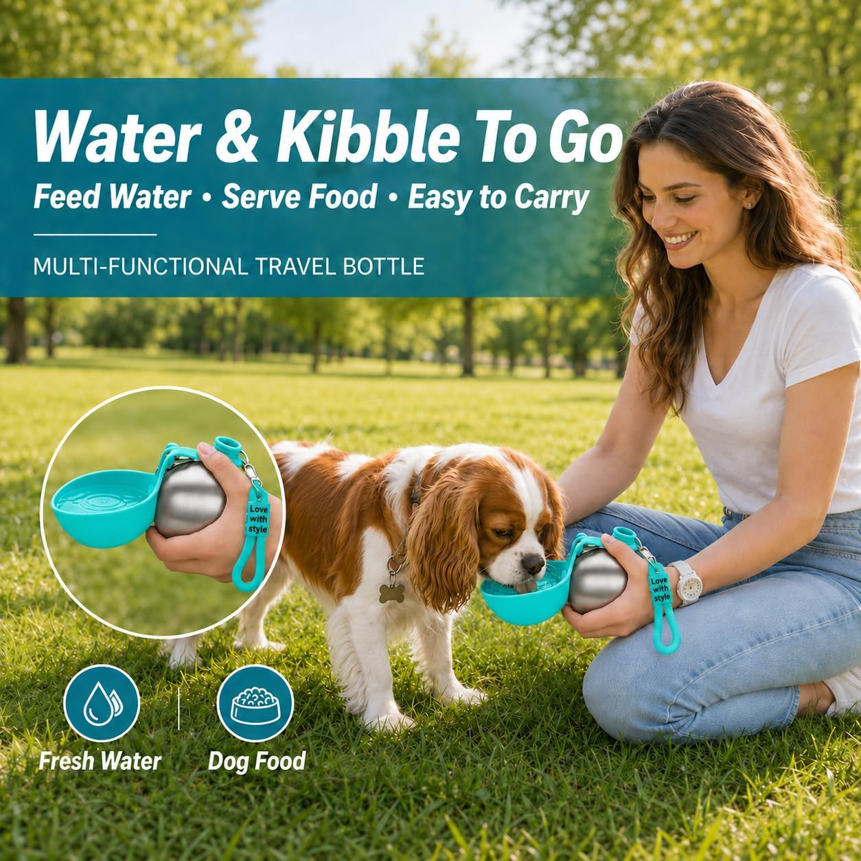 Portable Pet Dog Water Bottle with Silicone Collapsible Bowl, 10 oz Blue | Stainless Steel Pet Travel Dispenser with Rope | Dogs on Walks Hiking Accessories | Puppy Small Pets Essentials