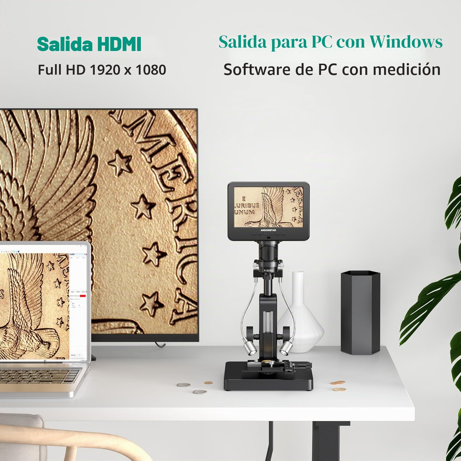 Andonstar Microscopio digital AD266S 20X-5000X HDMI, 2160P UHD, LCD 7 pulgadas, grabación de video, kit biológico para casa con diapositivas