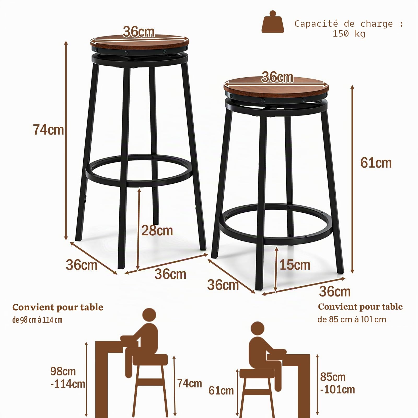 HOMASIS Tabourets de bar avec assise pivotante, lot de 2 tabourets haut avec repose-pieds et pieds antidérapants, style industriel, chaises de bar réglables en hauteur pour péninsule de cuisine,