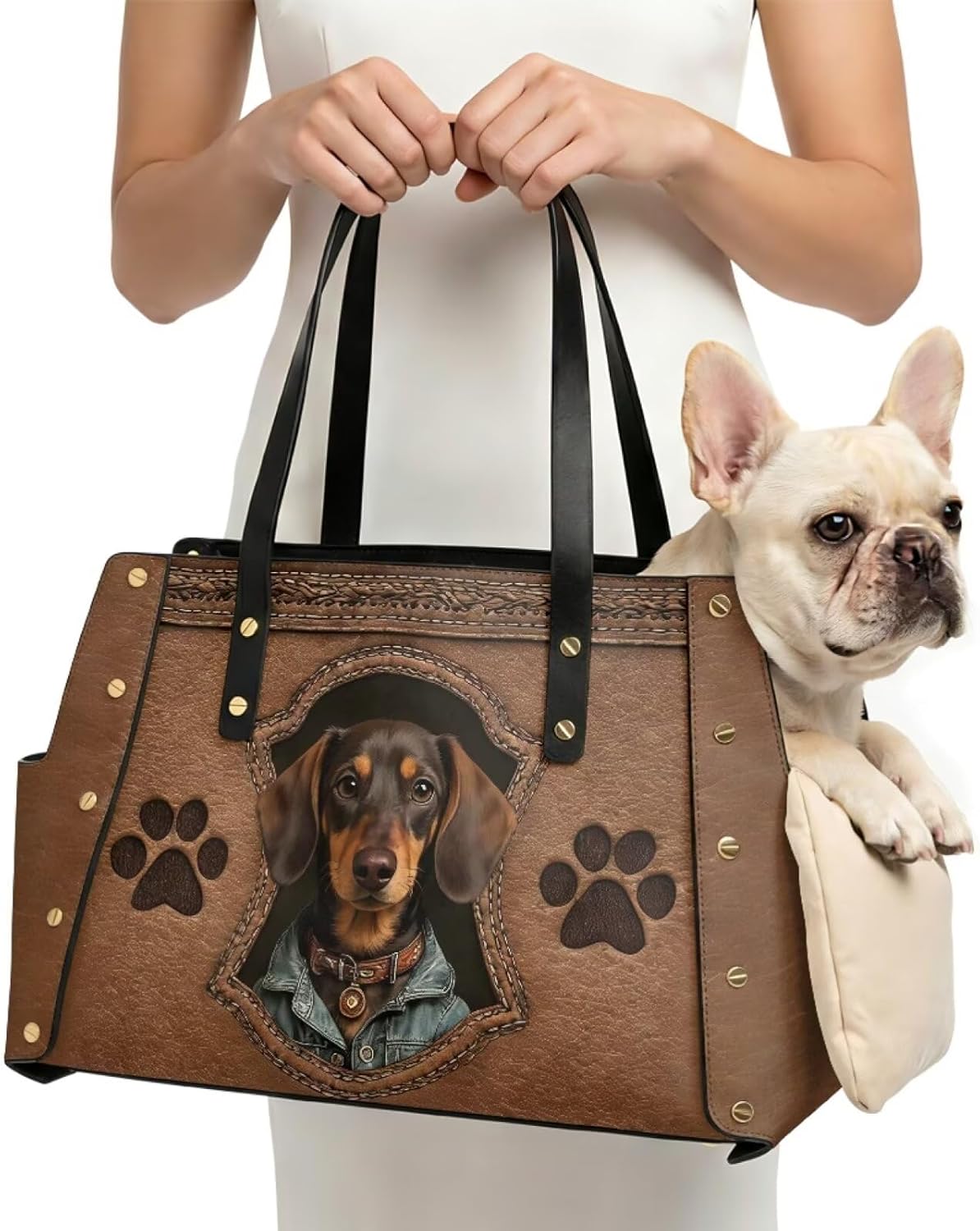 Paw Dachshund Print Dog Purse Carrier Waterproof Leather Pet Carrier Purse Portable Dog Bag Carrier Tote Purse Cute Pet Travel Shoulder Bag with Cushion