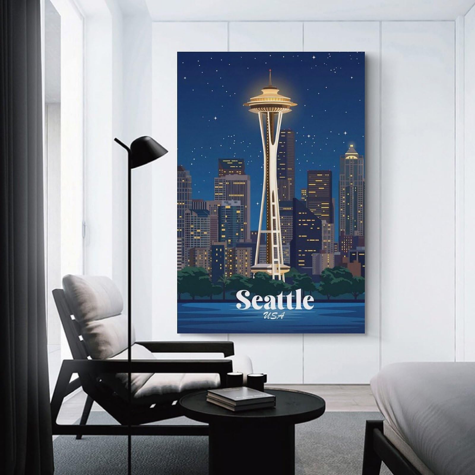 Junmoney Decorative Wall Artwork Seattle Space Needle at Night, 24x36inch(60x90cm), for Corridors, Hallways Or Apartment Entries, Wall Decor to Refresh Empty Corners