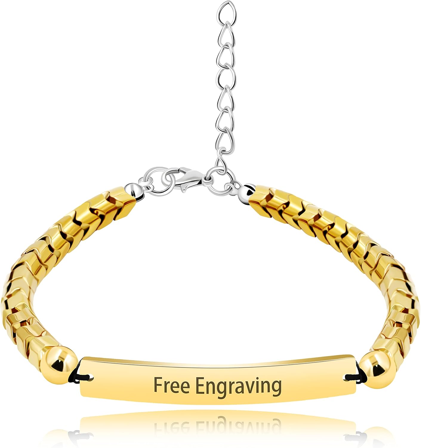Customize Engraved Name Bracelet for Men Women - Gold Color Hematite Stone Beads Metal Chain Bracelet - Personalized Name ID Stainless Steel Chain Bracelet Y1904