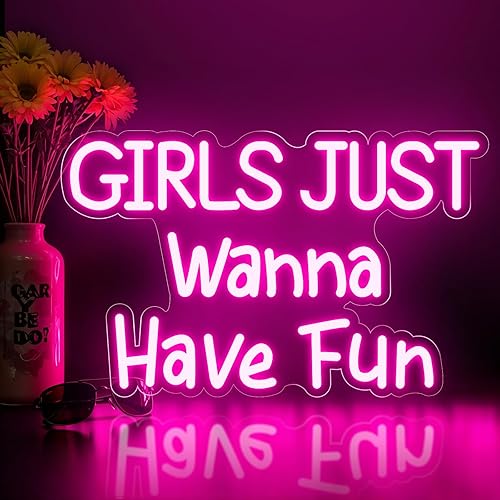Letrero de neón con texto en inglés "Girls Just Wanna Have Fun", color rosa para decoración de pared, alimentado por USB, estilo retro, para