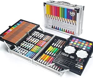 MIAOKE 145 Set de Pintura Niños, Caja de Aluminio Deluxe y kit de Dibujo con Lápices de Colores, Marcadores, Pinturas de Acuarela, Crayones, Lápices HB, Pastel de Acuarela, Pincel, Bloc de Dibujo …