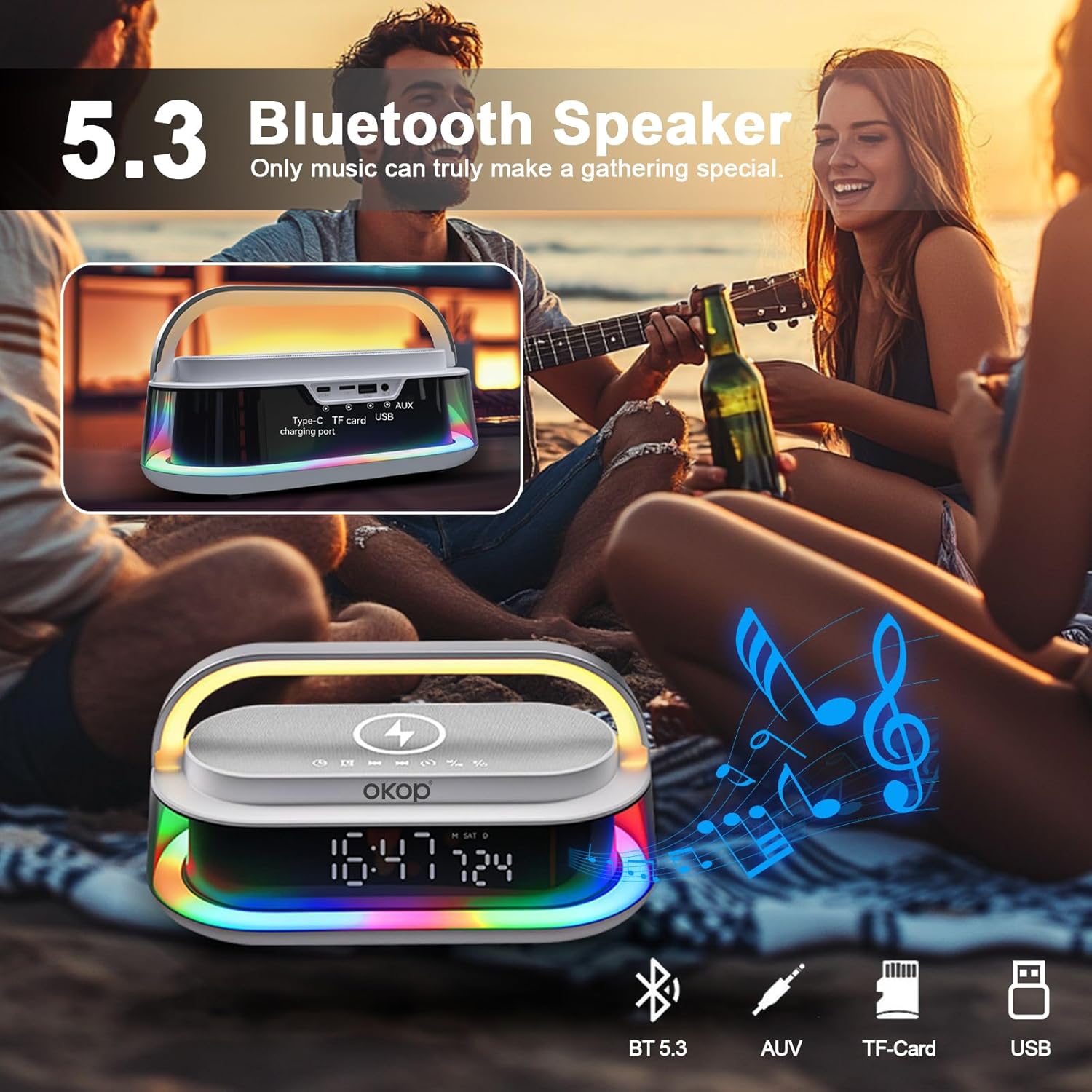 Portable Bluetooth Speaker with 15W Fast Wireless Charger, 10W Stereo Sound, Dual Alarm Feature, Dimmable RGB Mood Lighting, 1800mAh Battery for Home, Travel, Present (Gray)