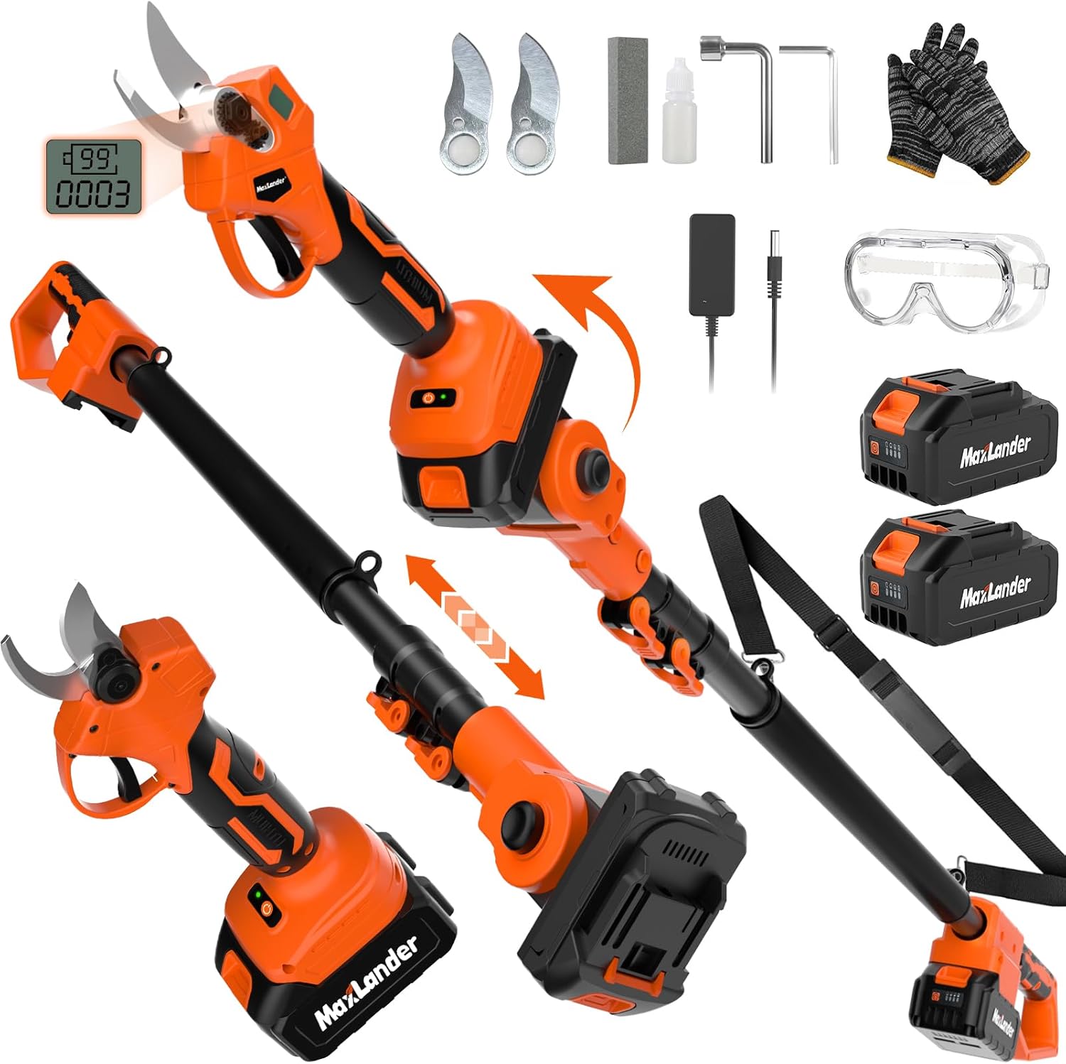 Maxlander Electric Pole Pruning Shears with Pole, 1.2" Cutting Diameter, 2-IN-1 Cordless Tree Pruner Garden Tool for Tree Trimming, 2 x 3.0Ah Batteries, Brushless Motor, 14Ft Reach, LCD Display
