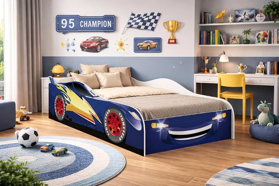 Cama Infantil Carro de Corrida Design Esportivo + Colchão 150x70cm Incluso
