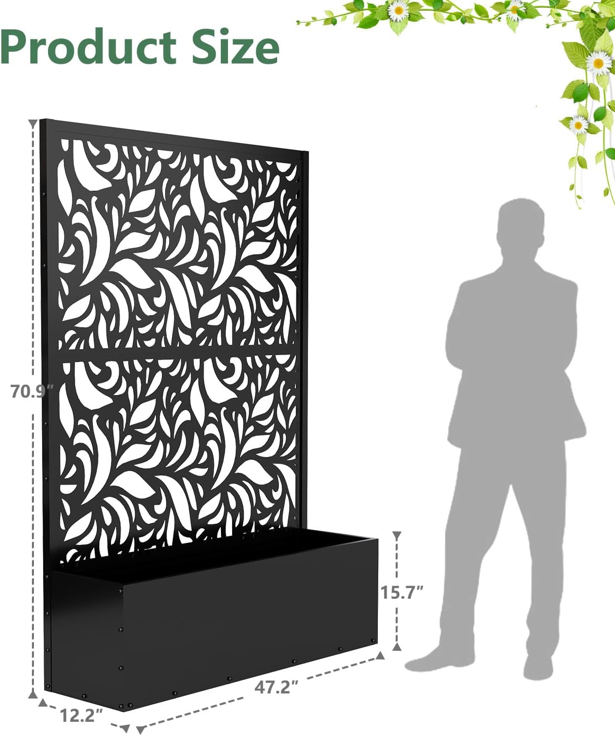 Metal Planter Box with Trellis,70.9"x47.2"x15.7" Raised Garden Bed with Drainage Holes, Privacy Planters for Outdoor Garden Bed for Climbing Plants,Vegetables,and Vines, Black-Flower