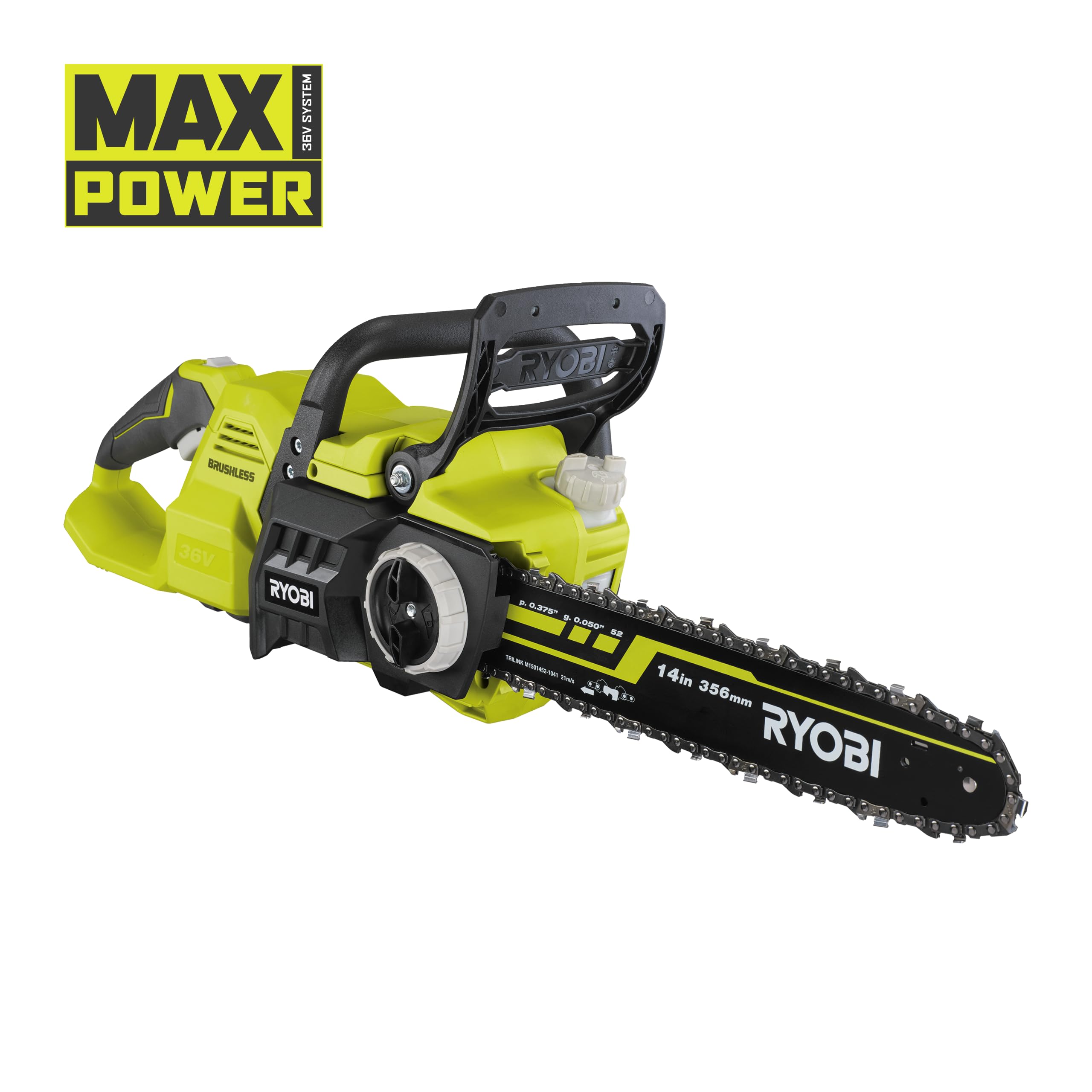 RYOBI Tronçonneuse Brushless 36V MAX POWER RY36CSX35A-0 – Abattage, Débitage de Bûches, Élagage et Coupe de Bois de Chauffage, Guide 35 cm, Chaîne Haute Vitesse, Sans Batterie ni Chargeur
