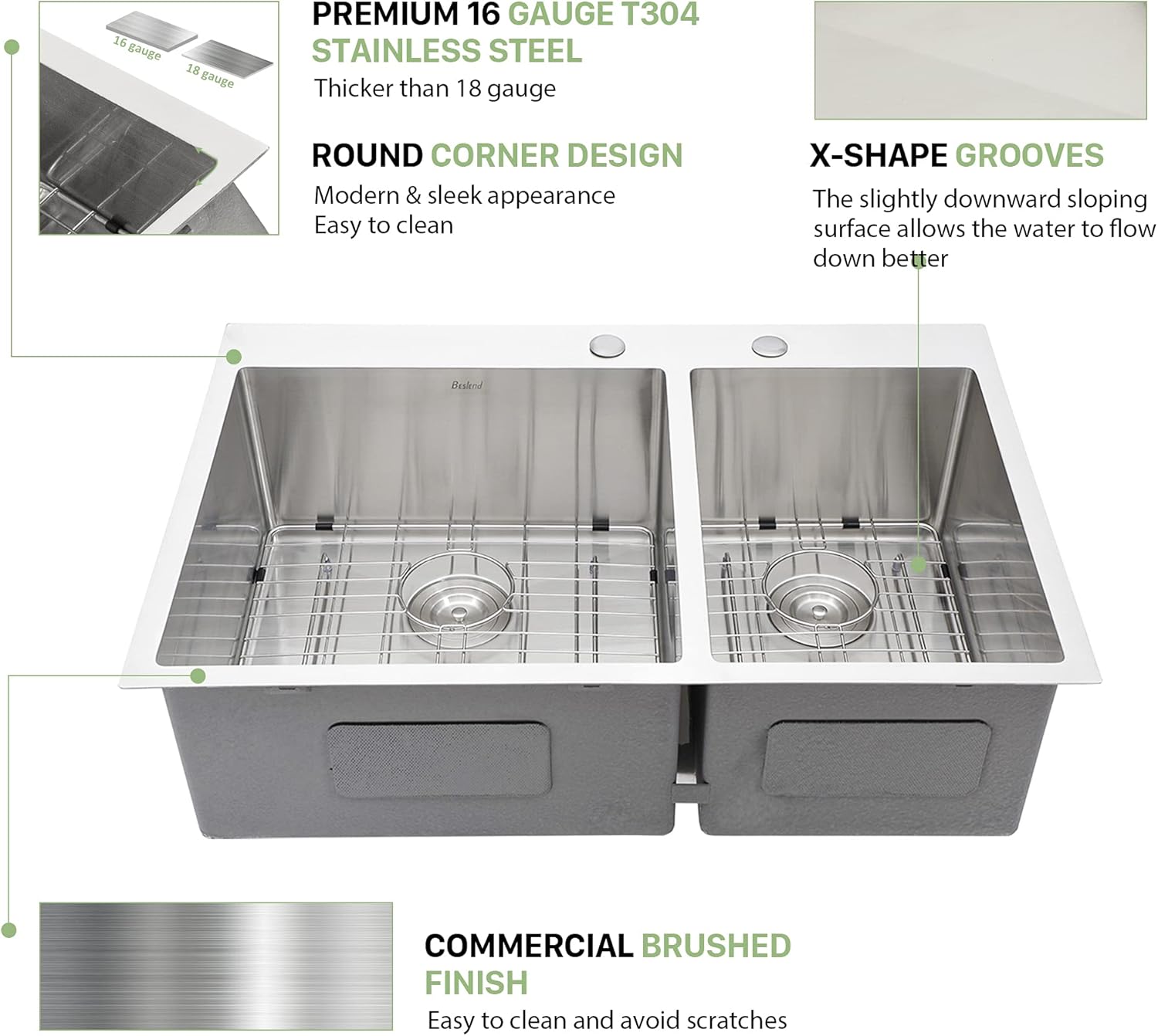 33 Inch Drop In Kitchen Sink-Beslend Topmount Stainless Steel 16 Gauge Double Bowl Sink 60/40-33"x22"x10" Kitchen Basin