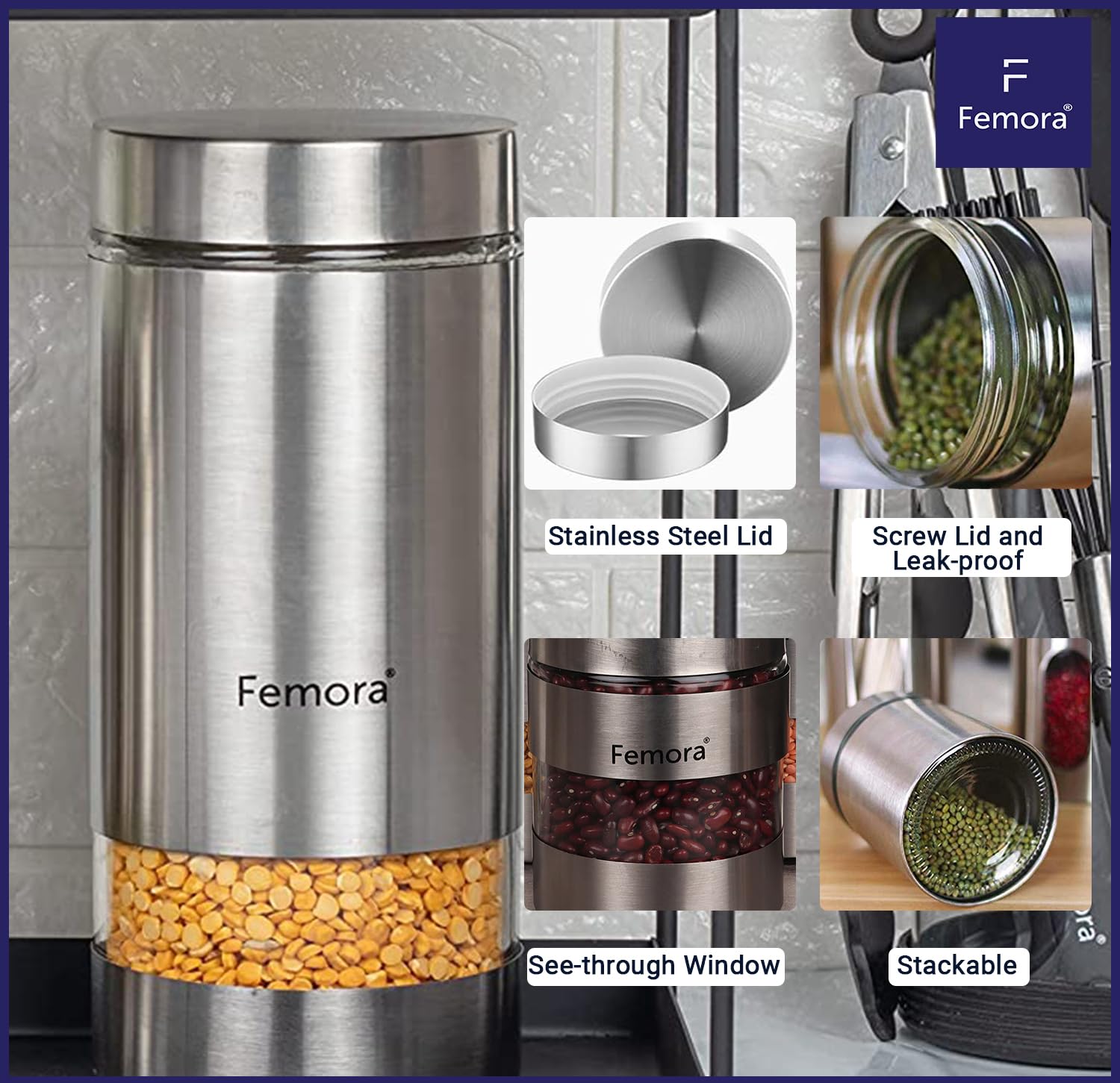 Femora Airtight Glass Jars 700ml Set of 4 | Silver Stainless Steel Lid | BPA Free & Food Grade | Rust Free | 1 Year Lid Warranty | Kitchen Storage for Snacks, Masala, Spice, Pickle, Cookies