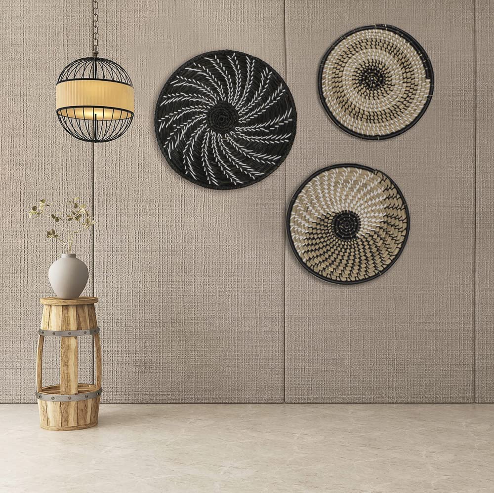 Set van 5 Wandmanden Decor Handgemaakte Boho Kunst Plat Geweven Mand Wanddecoratie Rond Gras Hangende Muurmand voor Woonkamers, Slaapkamers, 7,9-11,8 Inch(Veelkleurig